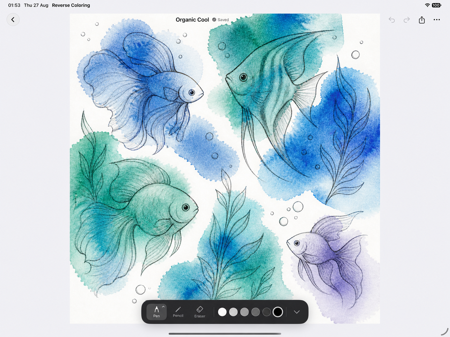 A reverse coloring canvas transformed into a hand-drawn underwater scene