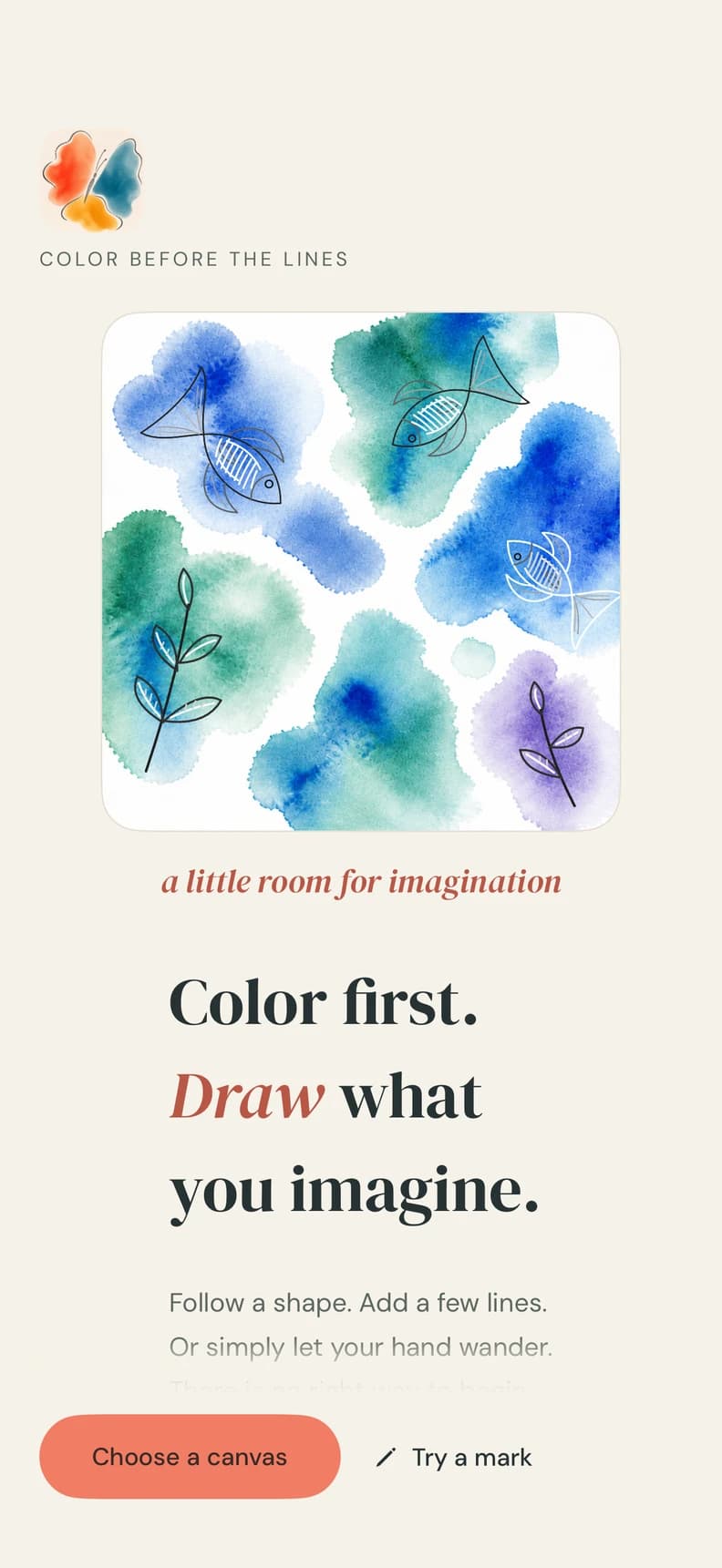 iPhone welcome screen with watercolor fish and the invitation to draw what you imagine