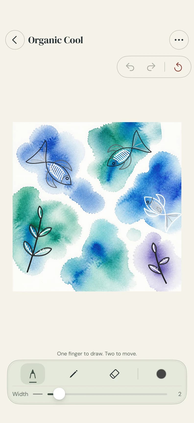 Fish and plants drawn over watercolor in the iPhone canvas