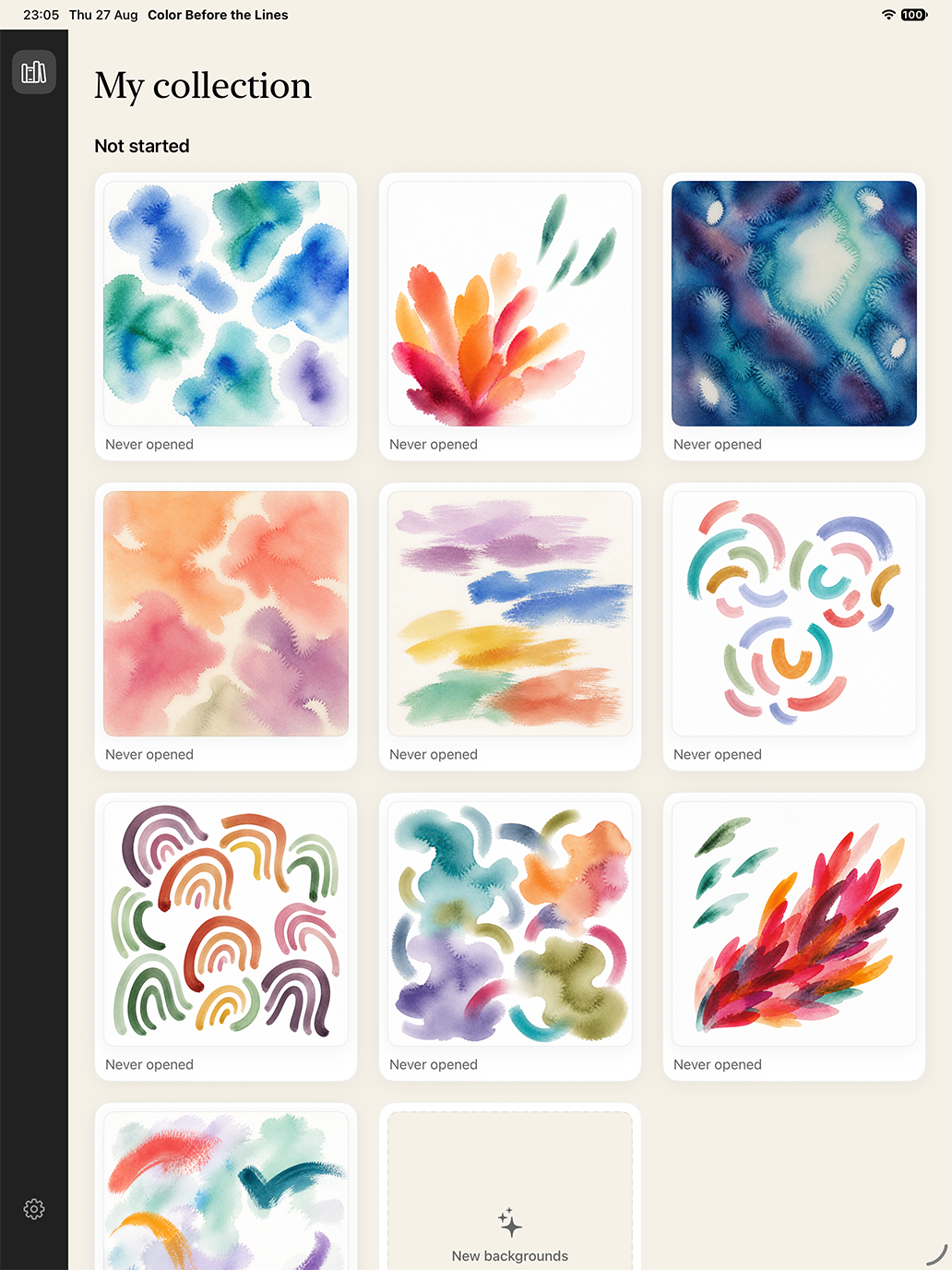 The Color Before the Lines library with ten hand-curated watercolor canvases and a new backgrounds card