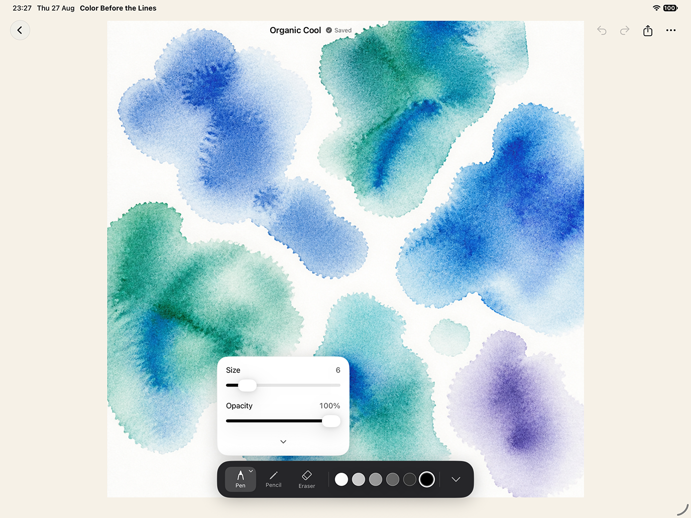 Drawing controls for stroke size and opacity shown over a landscape watercolor canvas
