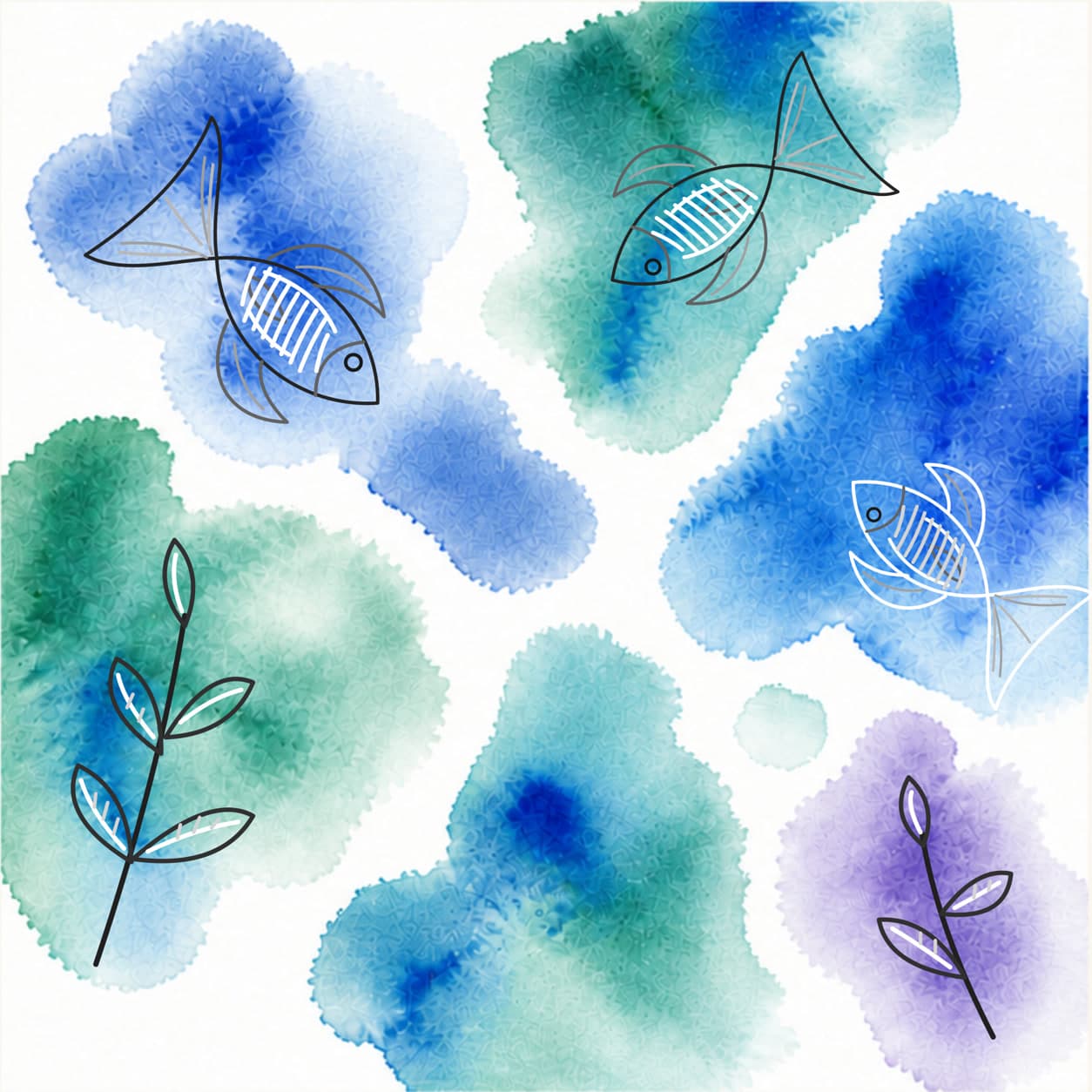 The same washes with fish and leafy stems drawn in black and white lines